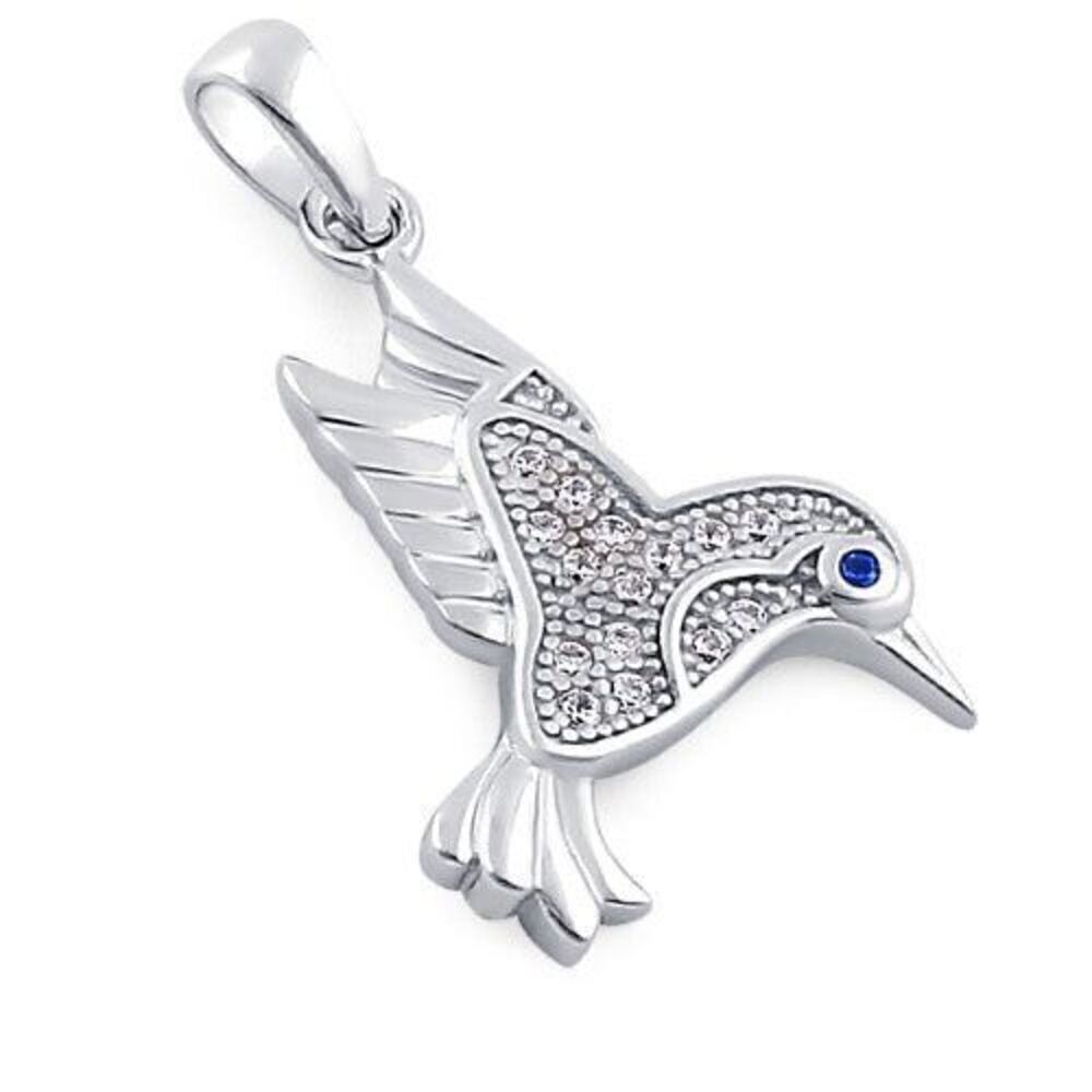 Sterling Silver Hummingbird Blue & Clear CZ Necklace Pendant New